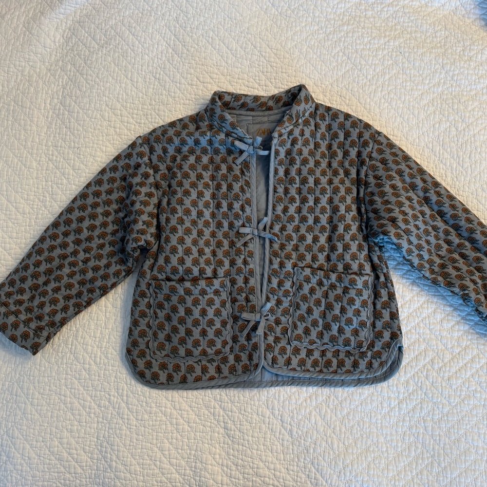 Never worn! Kids Quilted Jacket - Light blue and golden yellow floral pattern